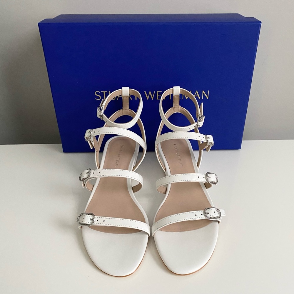 $450 STUART WEITZMAN Grecian Buckle Wedge White Leather Sandals Sz 36.5 6 B NEW - Picture 3 of 15